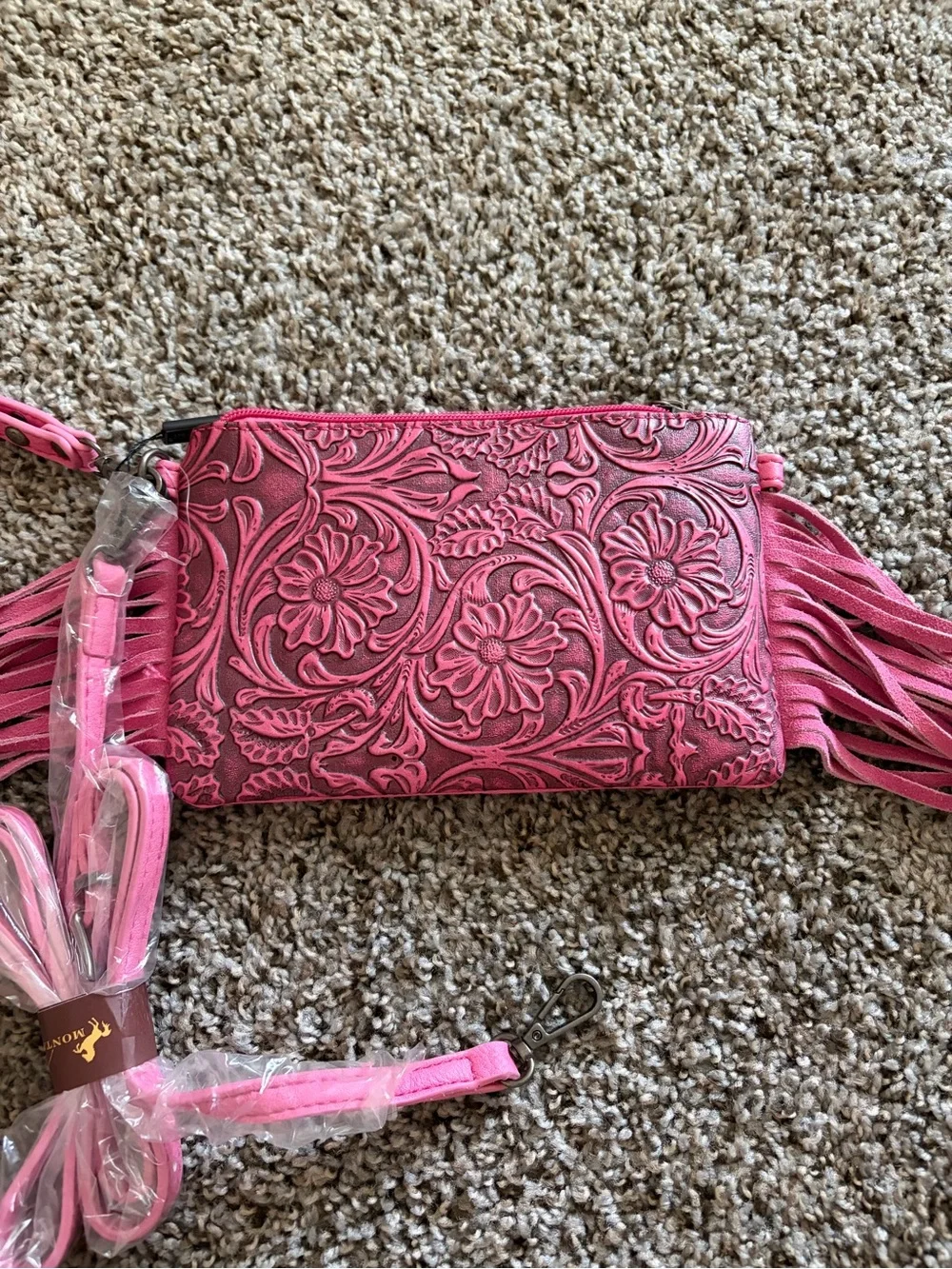 Montana West Pink Tooled Floral Fringe Crossbody Wallet